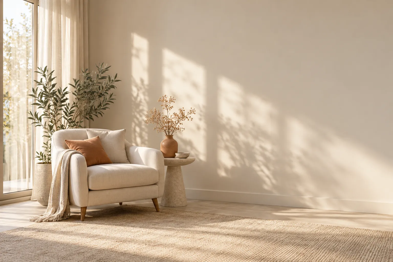 Poltrona clara ao lado de uma janela com luz suave e uma planta